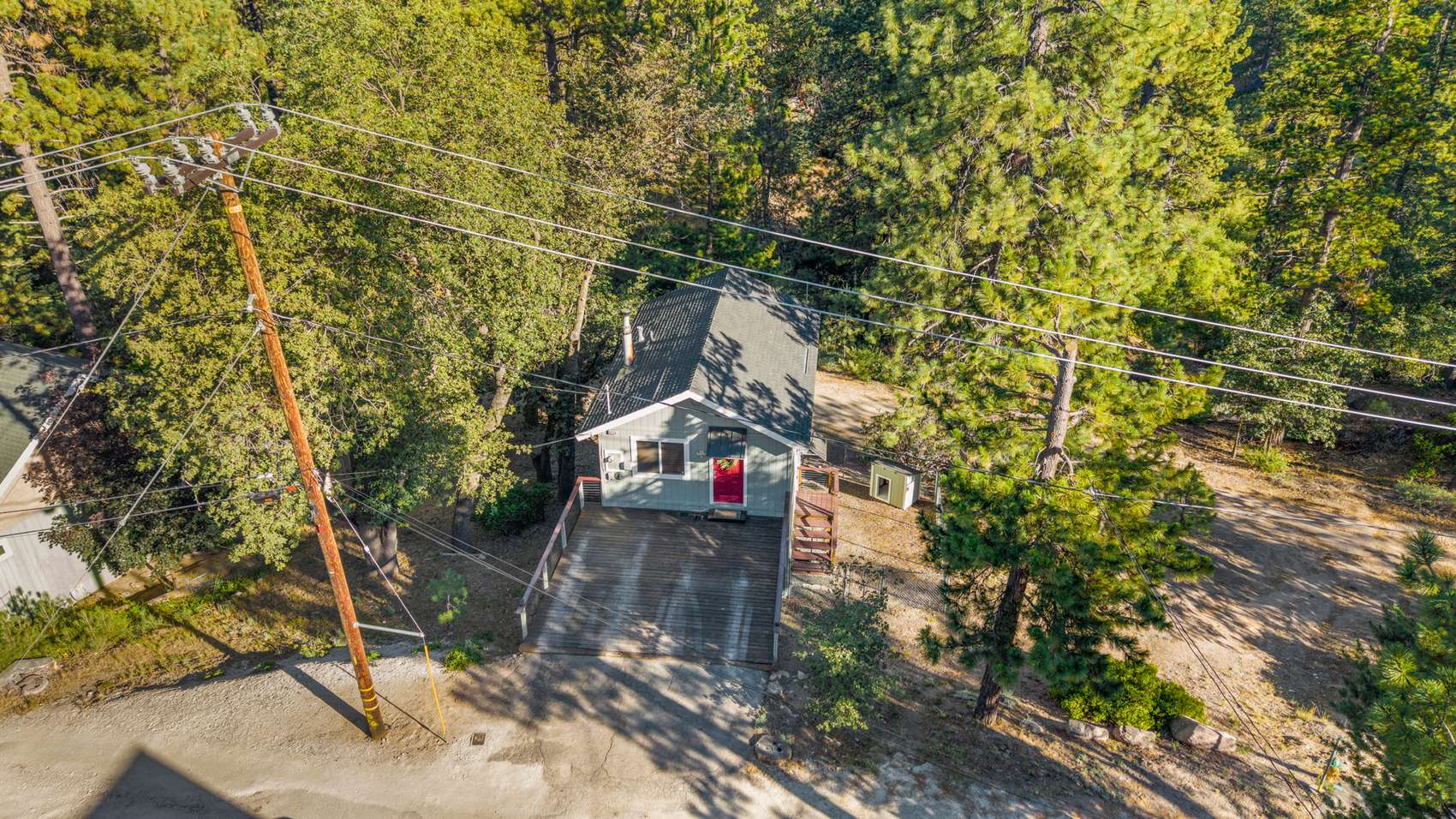 Aerial of a cabin surrounded by dense pine forest.